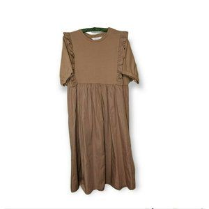 Primark Mocha Midi Ruffled Short-sleeved Cotton Prairie Dress Women's 10
